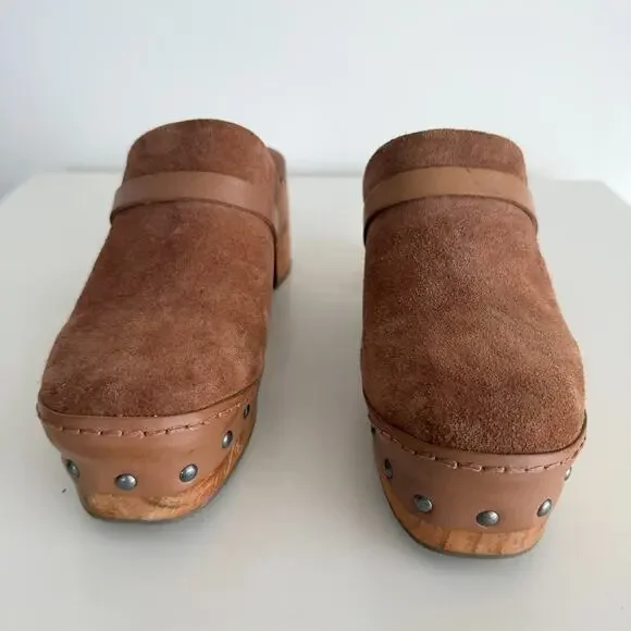 Free People Calabasas Clog Platform 40 Brown Suede Wooded Slip On Mule Stud Heel - Picture 9 of 13